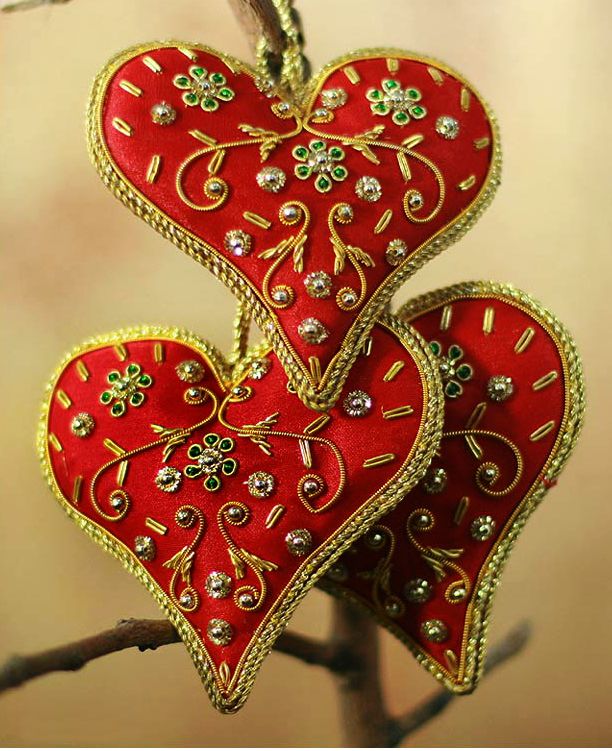 Hand Beaded Christmas Ornaments 'Red Velvet Heart' Set of 6